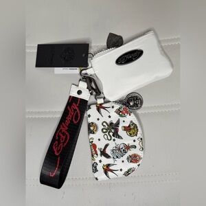 BRAND NEW Ed Hardy printed skull mini wristlet wallet keychain